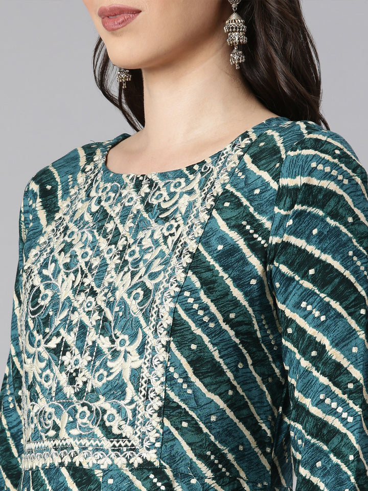 Neerus Green Printed Anarkali Kurta and Trousers With Dupatta