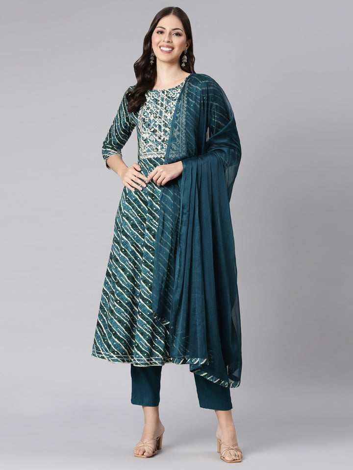 Neerus Green Printed Anarkali Kurta and Trousers With Dupatta
