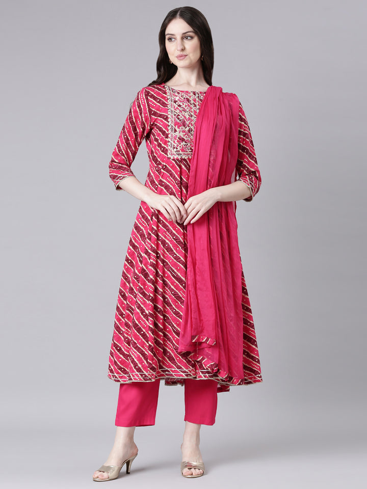 Neerus Magenta Printed Anarkali Kurta and Trousers With Dupatta