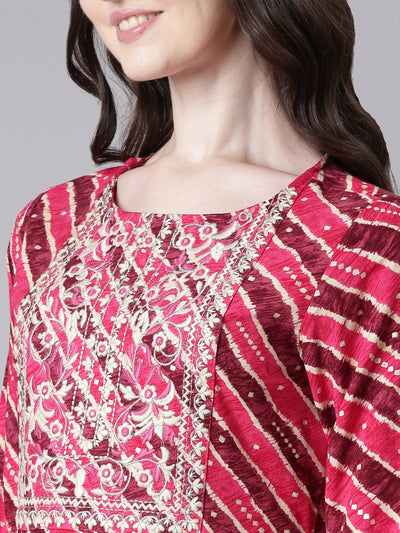 Neerus Magenta Printed Anarkali Kurta and Trousers With Dupatta