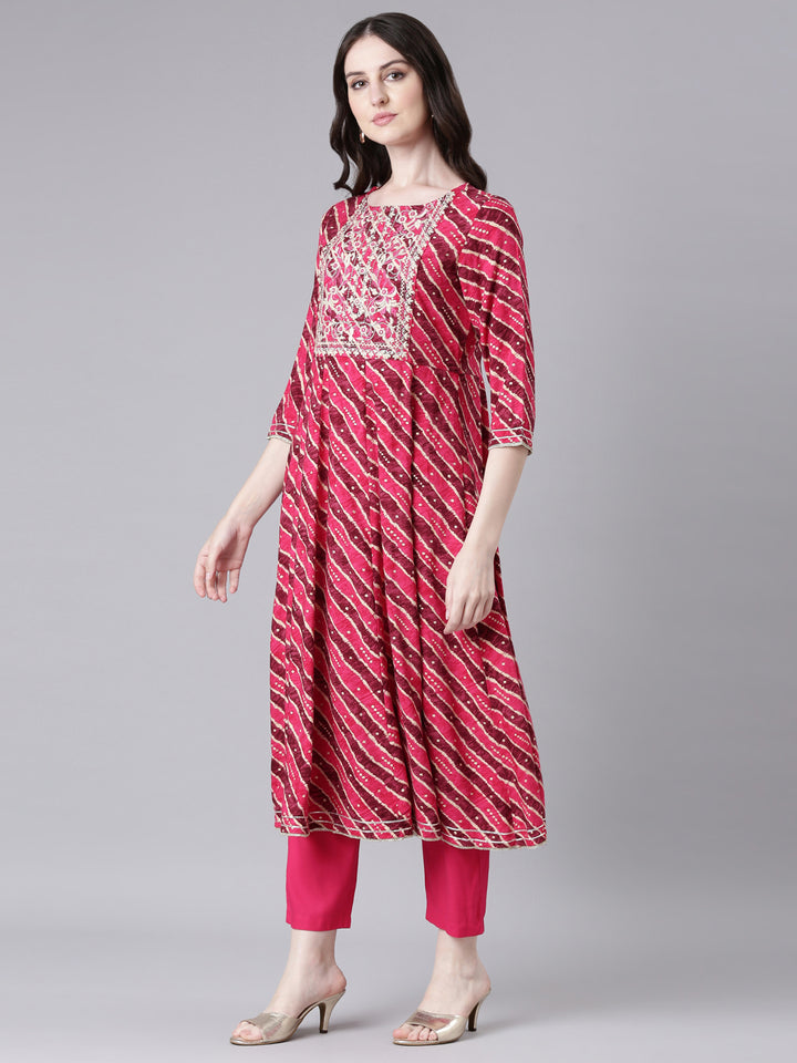 Neerus Magenta Printed Anarkali Kurta and Trousers With Dupatta