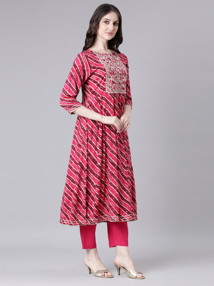 Neerus Magenta Printed Anarkali Kurta and Trousers With Dupatta