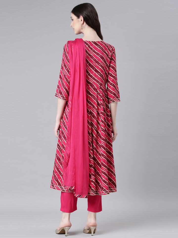 Neerus Magenta Printed Anarkali Kurta and Trousers With Dupatta