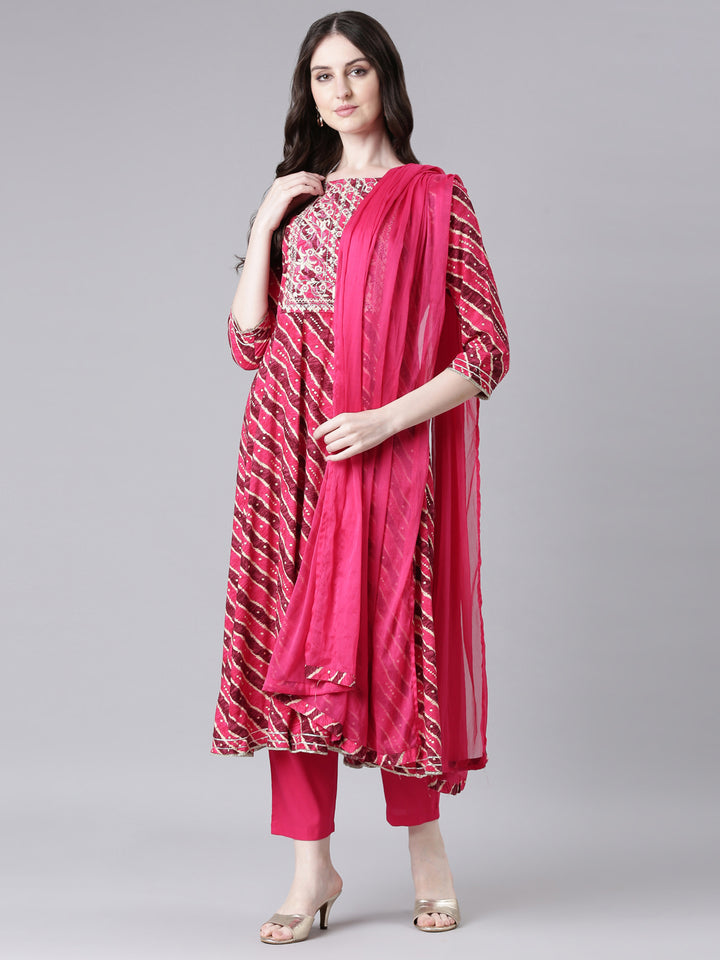 Neerus Magenta Printed Anarkali Kurta and Trousers With Dupatta