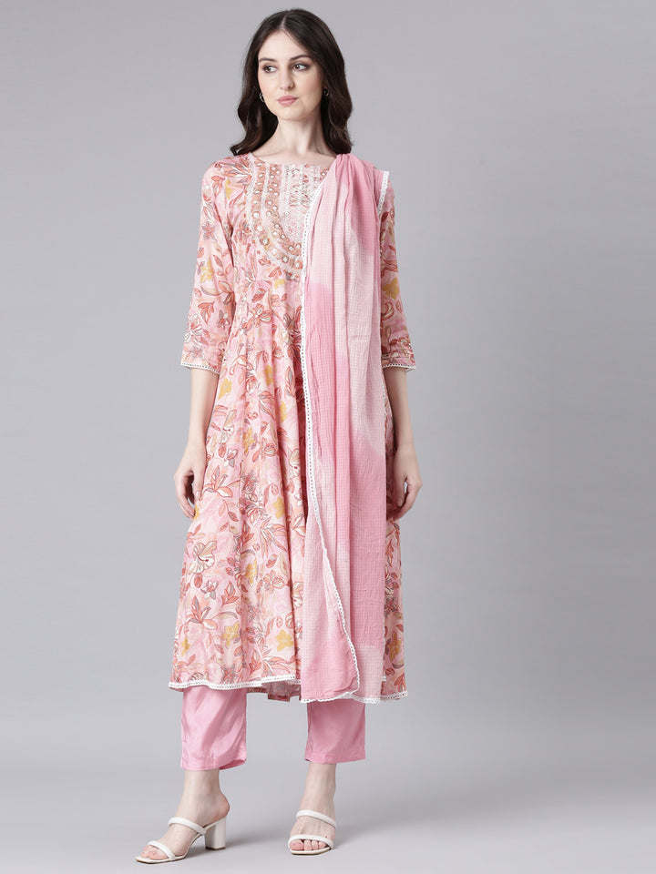 Neerus Pink Printed Anarkali Kurta and Trousers With Dupatta
