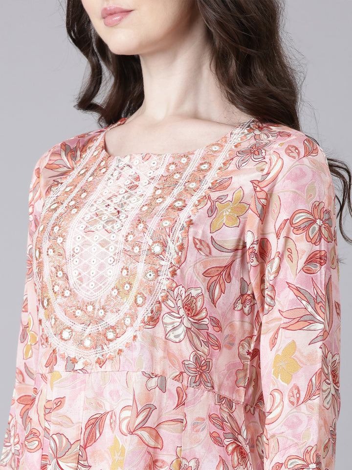 Neerus Pink Printed Anarkali Kurta and Trousers With Dupatta