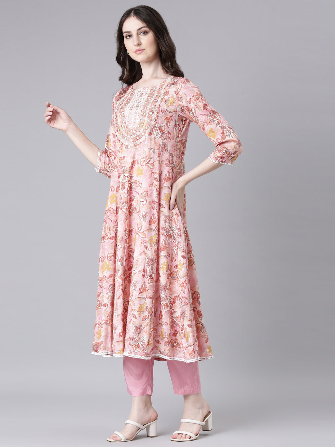 Neerus Pink Printed Anarkali Kurta and Trousers With Dupatta