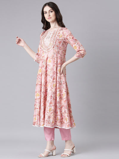 Neerus Pink Printed Anarkali Kurta and Trousers With Dupatta