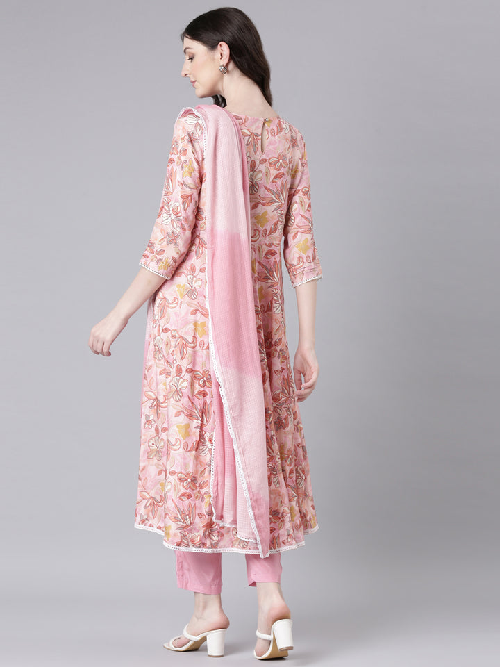 Neerus Pink Printed Anarkali Kurta and Trousers With Dupatta