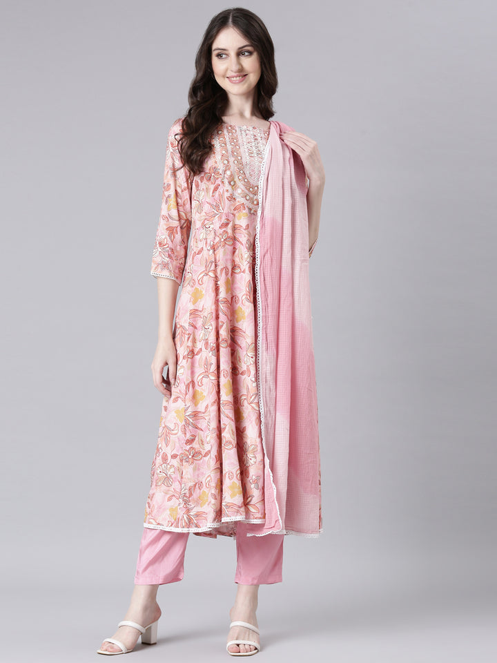 Neerus Pink Printed Anarkali Kurta and Trousers With Dupatta