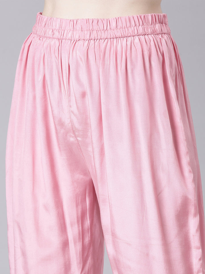 Neerus Pink Printed Anarkali Kurta and Trousers With Dupatta