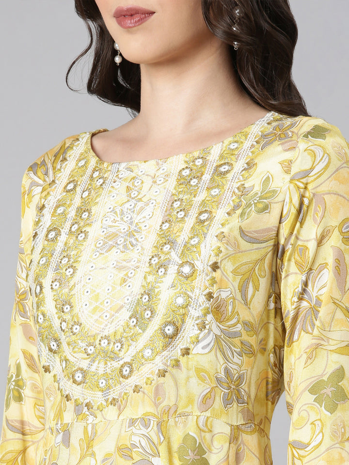 Neerus Yellow Printed Anarkali Kurta and Trousers With Dupatta