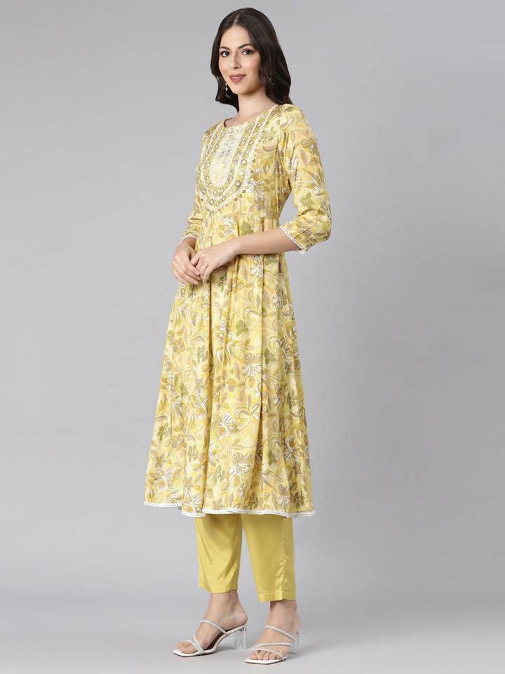 Neerus Yellow Printed Anarkali Kurta and Trousers With Dupatta