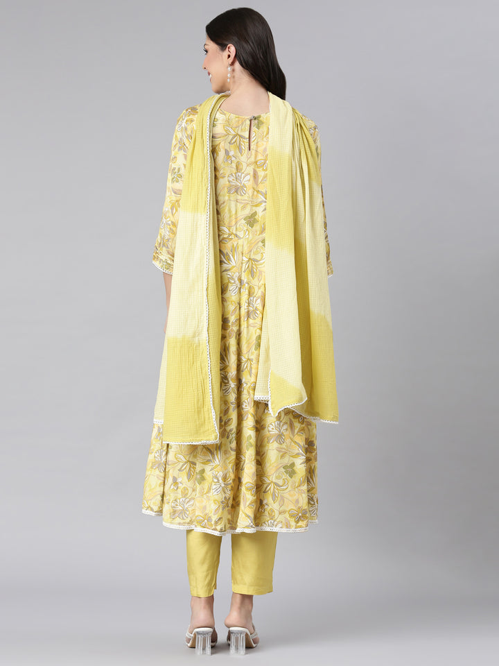 Neerus Yellow Printed Anarkali Kurta and Trousers With Dupatta