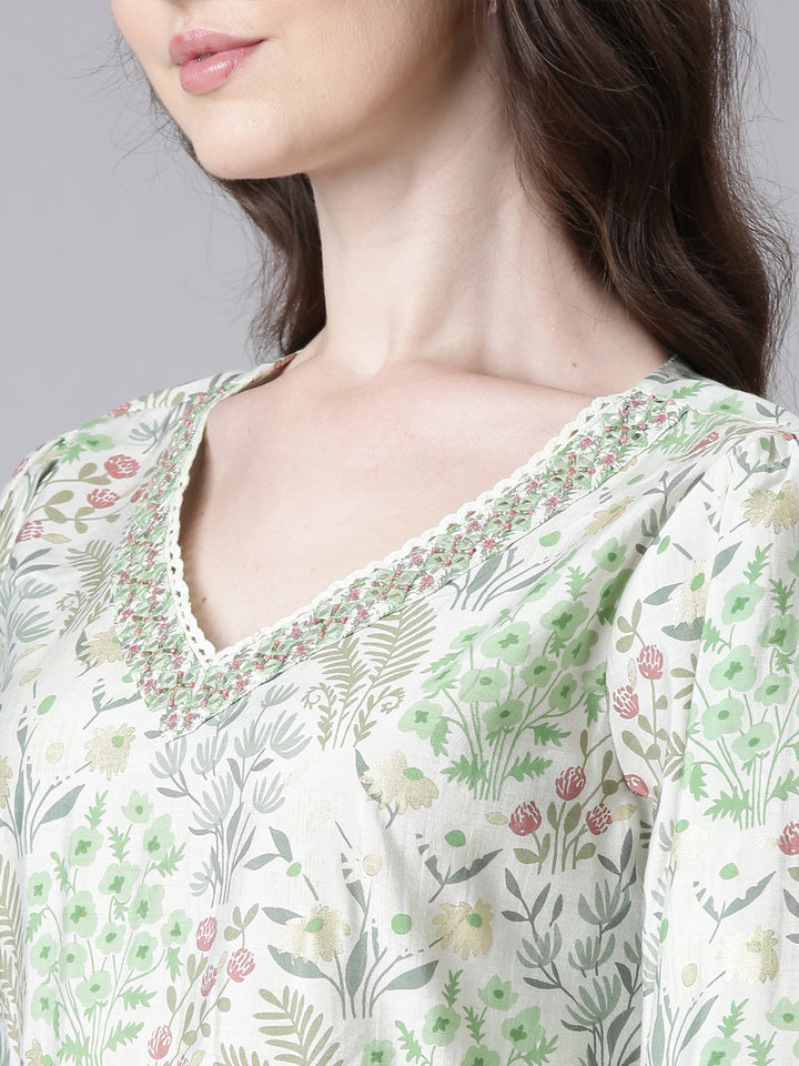 Neerus Lime Green Printed Straight Kurta and Trousers With Dupatta