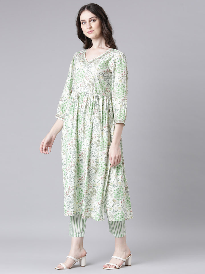 Neerus Lime Green Printed Straight Kurta and Trousers With Dupatta
