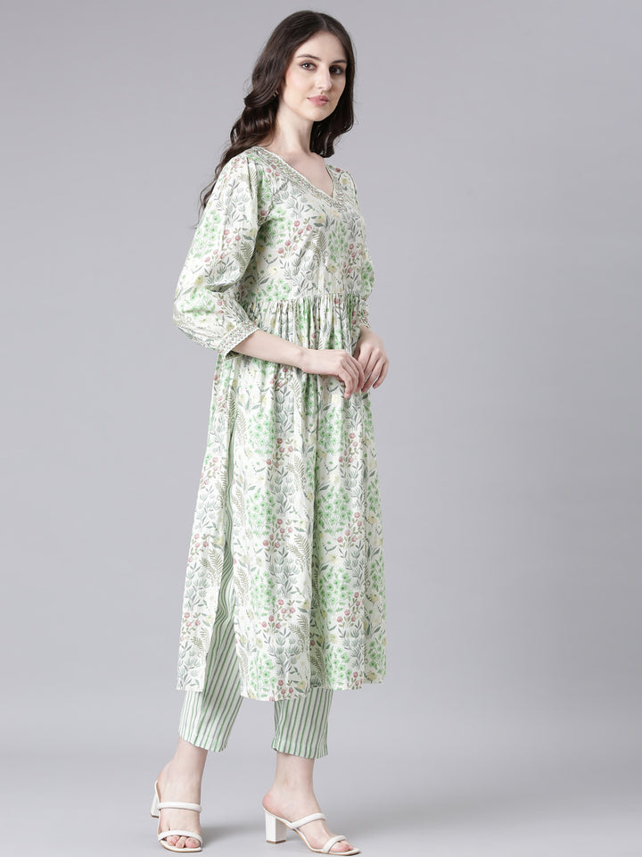 Neerus Lime Green Printed Straight Kurta and Trousers With Dupatta
