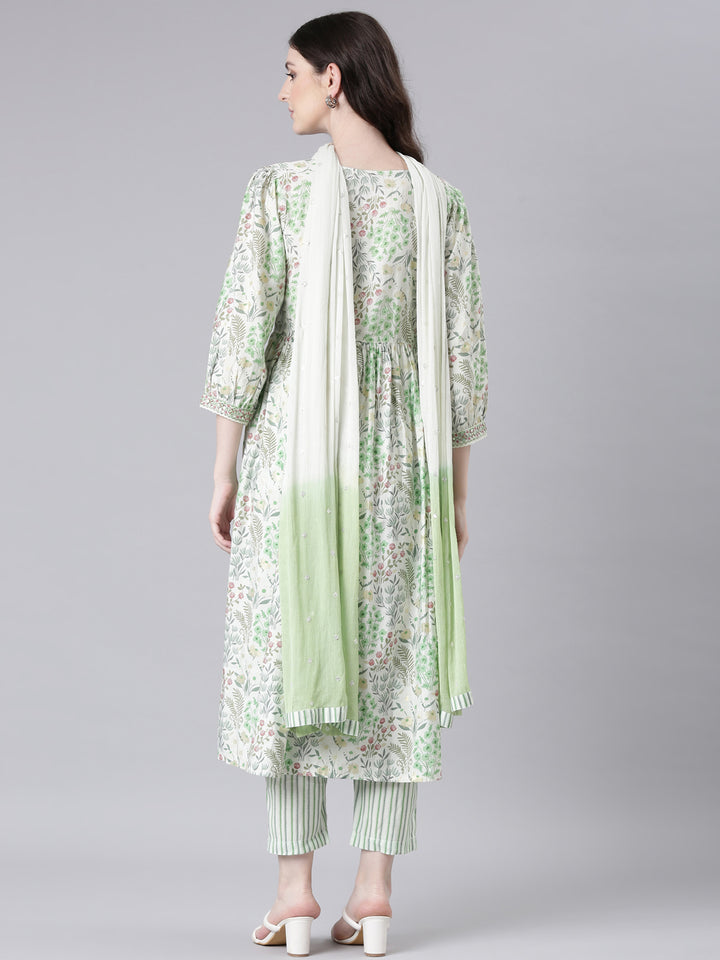 Neerus Lime Green Printed Straight Kurta and Trousers With Dupatta