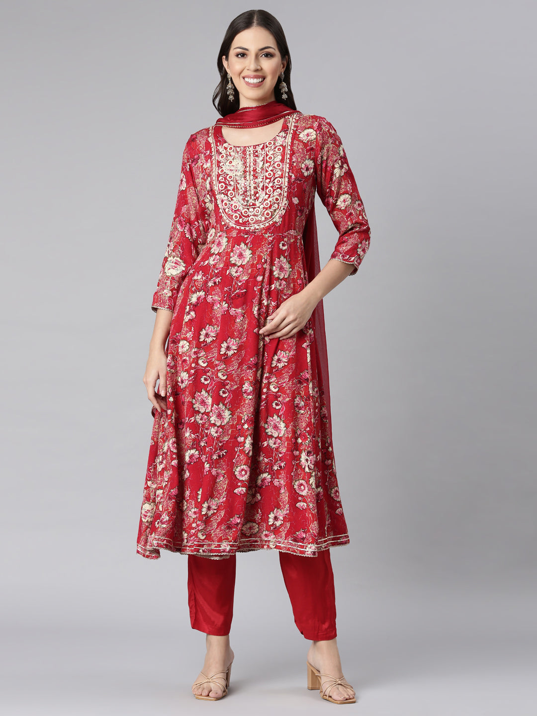 Neerus Red Printed Anarkali Kurta and Trousers With Dupatta
