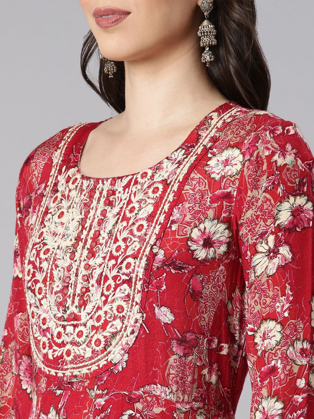 Neerus Red cotton printed Anarkali suit set - detail view 1