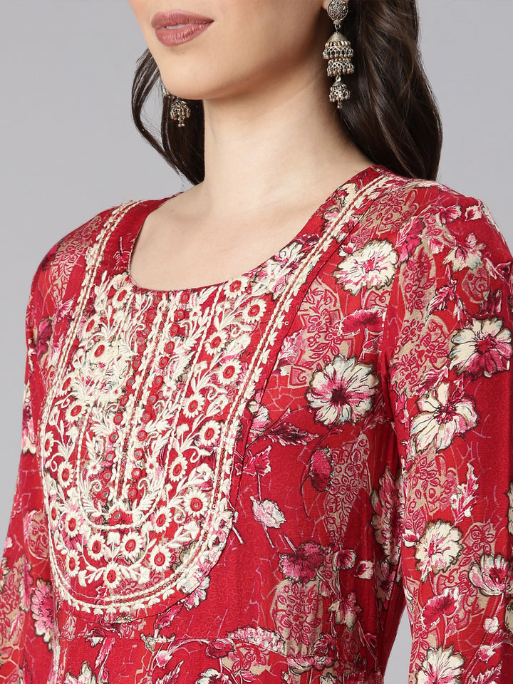 Neerus Red cotton printed Anarkali suit set - detail view 1