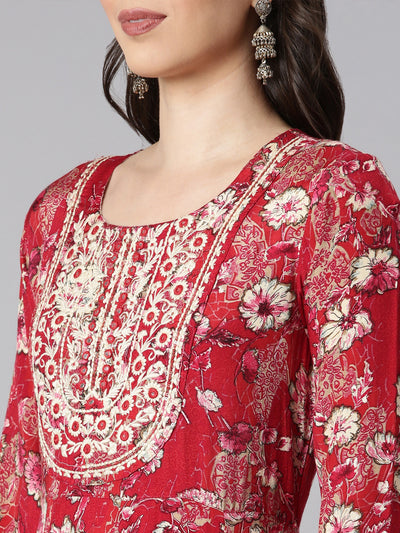 Neerus Red Printed Anarkali Kurta and Trousers With Dupatta