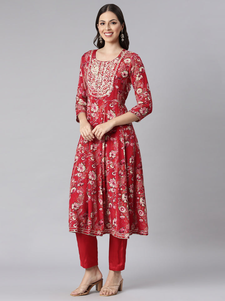 Neerus Red cotton printed Anarkali suit set - back view