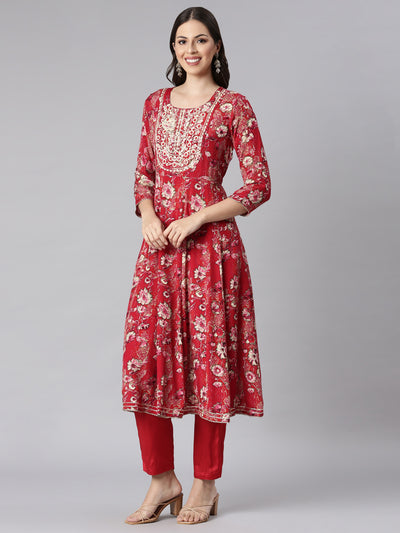 Neerus Red Printed Anarkali Kurta and Trousers With Dupatta
