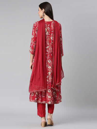Neerus Red Printed Anarkali Kurta and Trousers With Dupatta