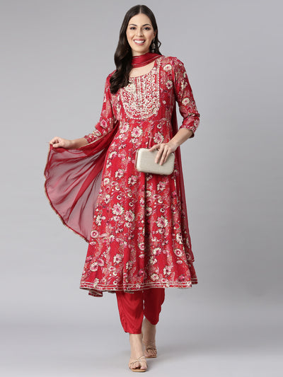 Neerus Red Printed Anarkali Kurta and Trousers With Dupatta