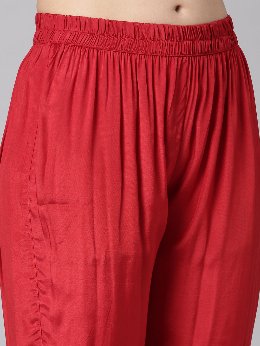 Neerus Red Printed Anarkali Kurta and Trousers With Dupatta