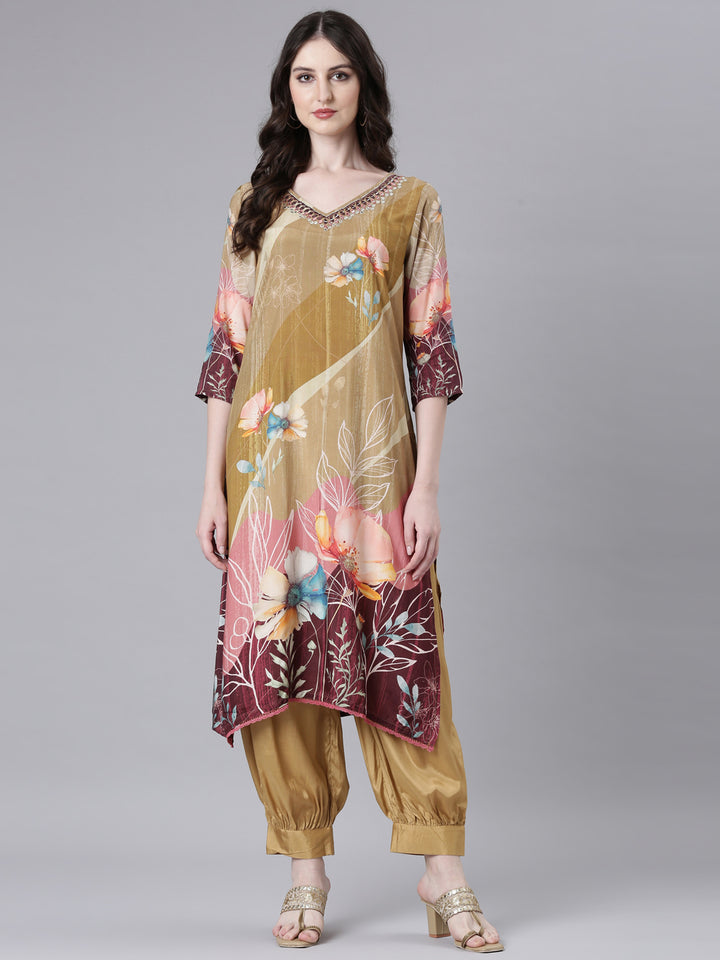 Neerus Green Printed Straight Kurta and Harem Pants With Dupatta