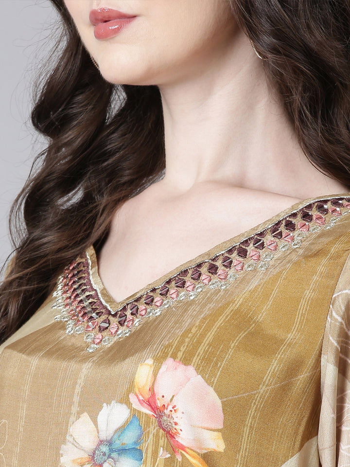 Neerus Green Printed Straight Kurta and Harem Pants With Dupatta