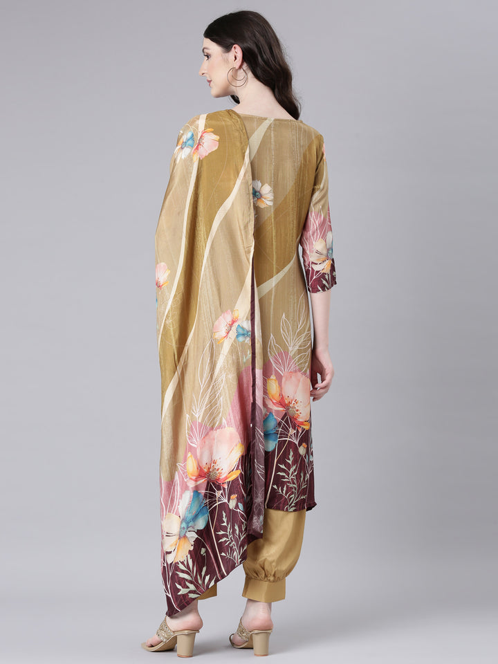 Neerus Green Printed Straight Kurta and Harem Pants With Dupatta