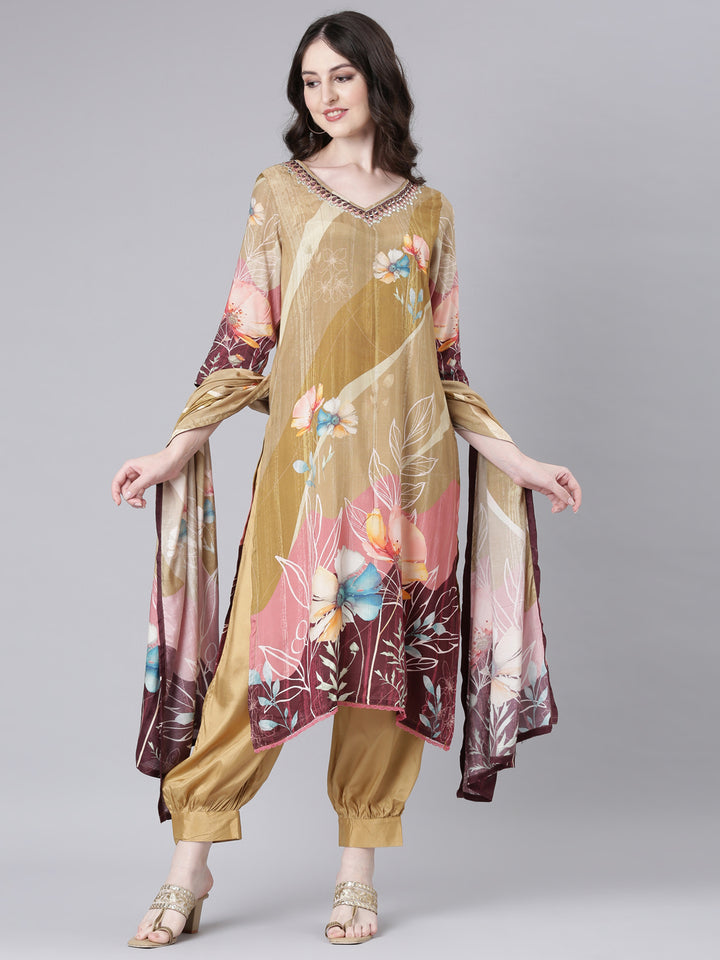Neerus Green Printed Straight Kurta and Harem Pants With Dupatta