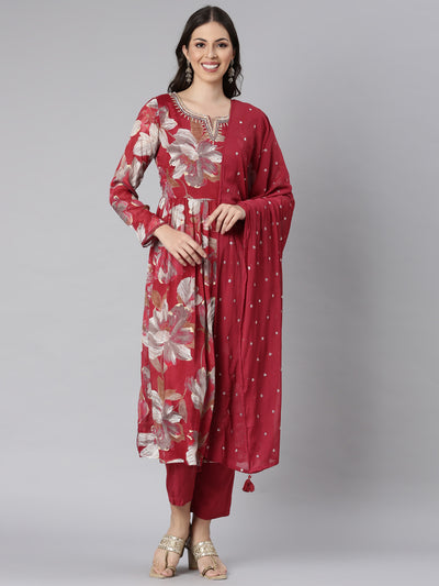 Neerus Magenta Printed Anarkali Kurta and Trousers With Dupatta