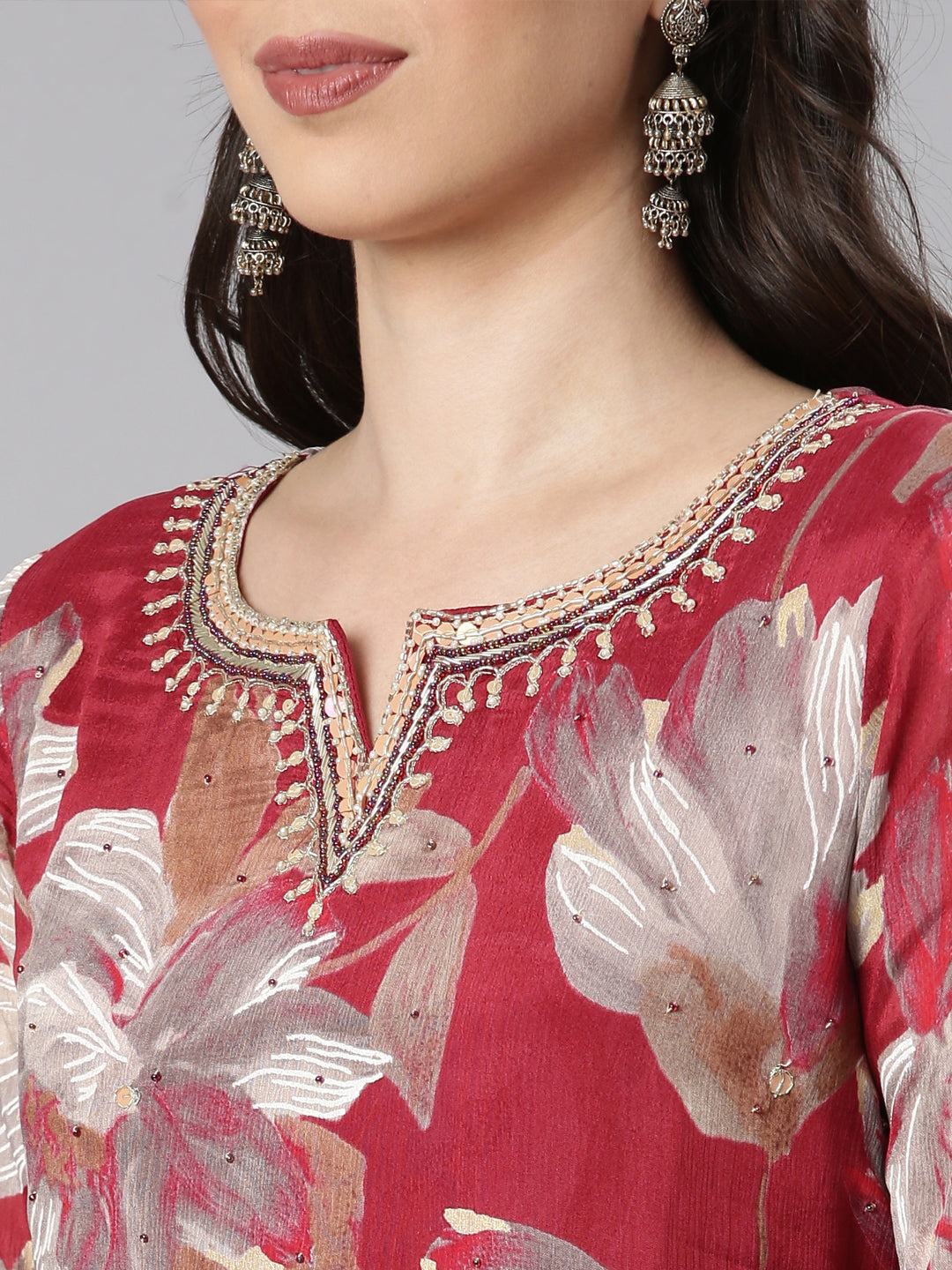 Neerus Magenta Printed Anarkali Kurta and Trousers With Dupatta