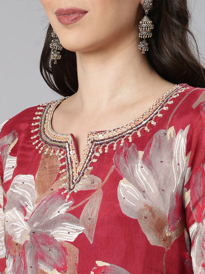 Neerus Magenta Printed Anarkali Kurta and Trousers With Dupatta