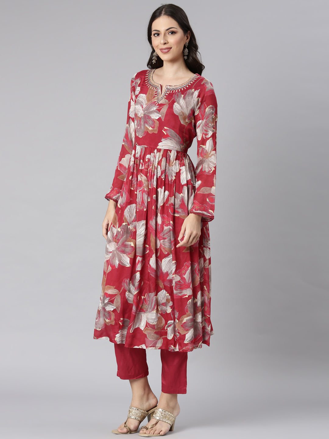 Neerus Magenta Printed Anarkali Kurta and Trousers With Dupatta