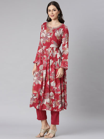 Neerus Magenta Printed Anarkali Kurta and Trousers With Dupatta