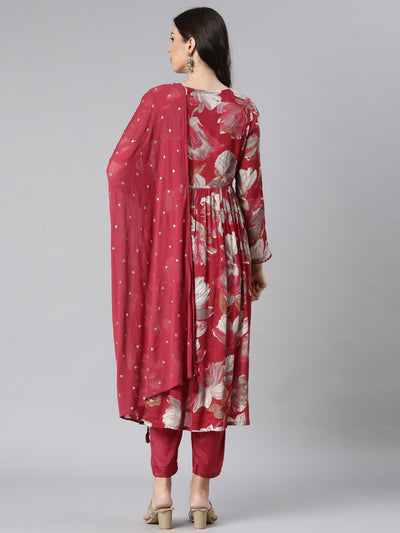 Neerus Magenta Printed Anarkali Kurta and Trousers With Dupatta