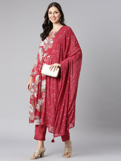 Neerus Magenta Printed Anarkali Kurta and Trousers With Dupatta