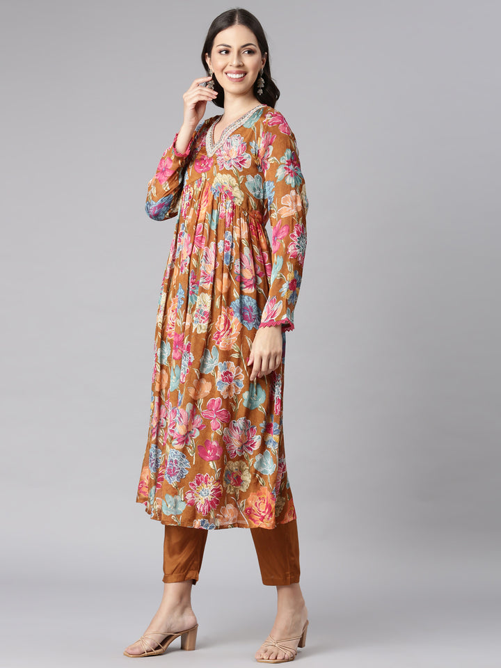 Neerus Gold Printed Straight Kurta and Trousers With Dupatta