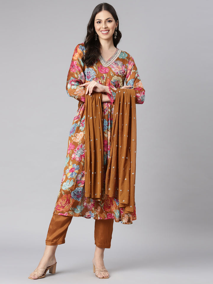 Neerus Gold Printed Straight Kurta and Trousers With Dupatta