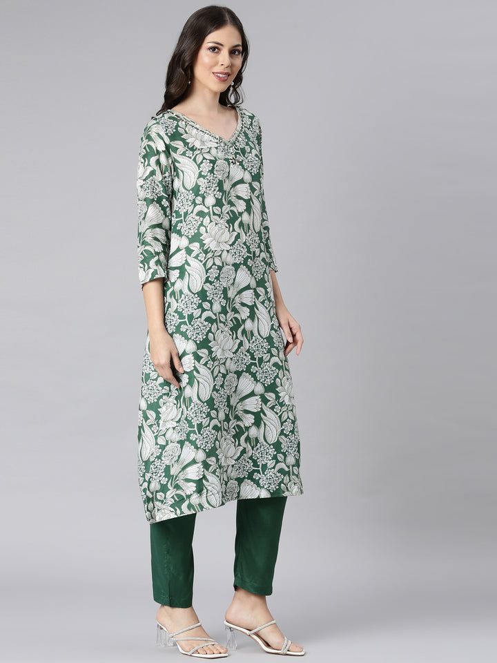 Neerus Green Printed Straight Kurta and Trousers With Dupatta