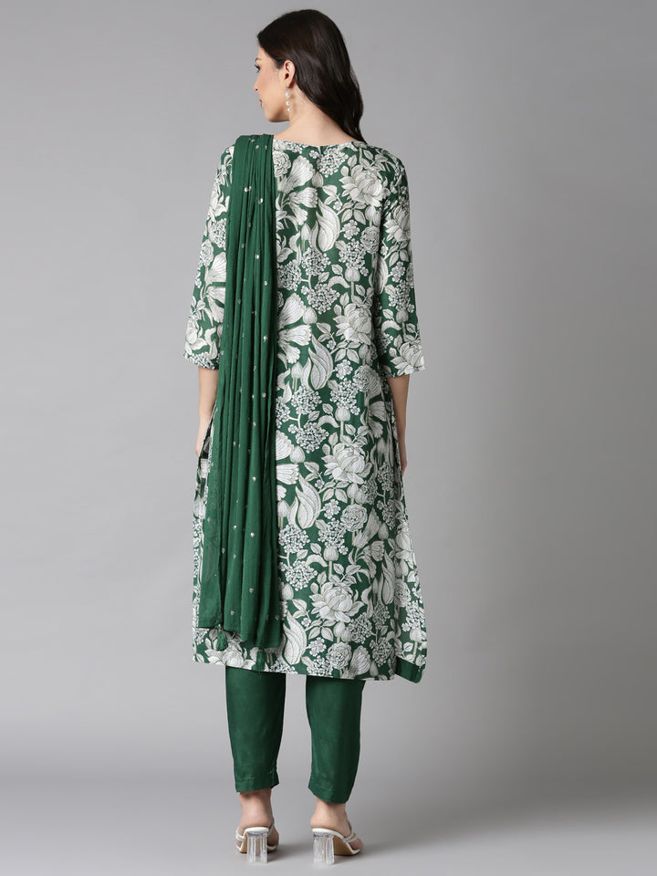 Neerus Green Printed Straight Kurta and Trousers With Dupatta