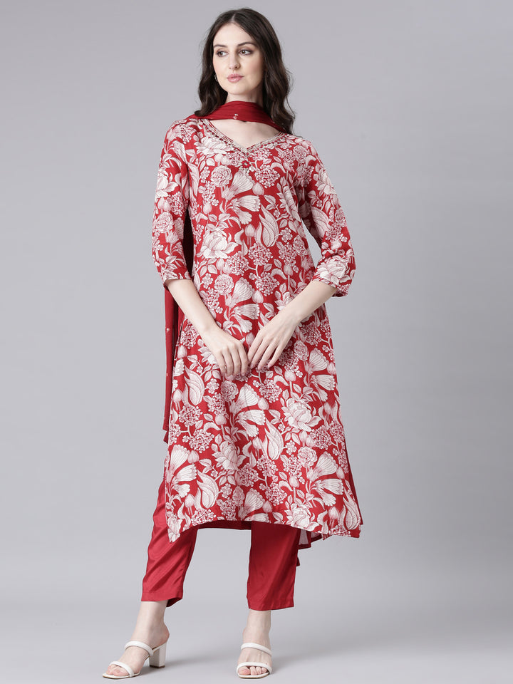 Neerus Maroon Printed Straight Kurta and Trousers With Dupatta