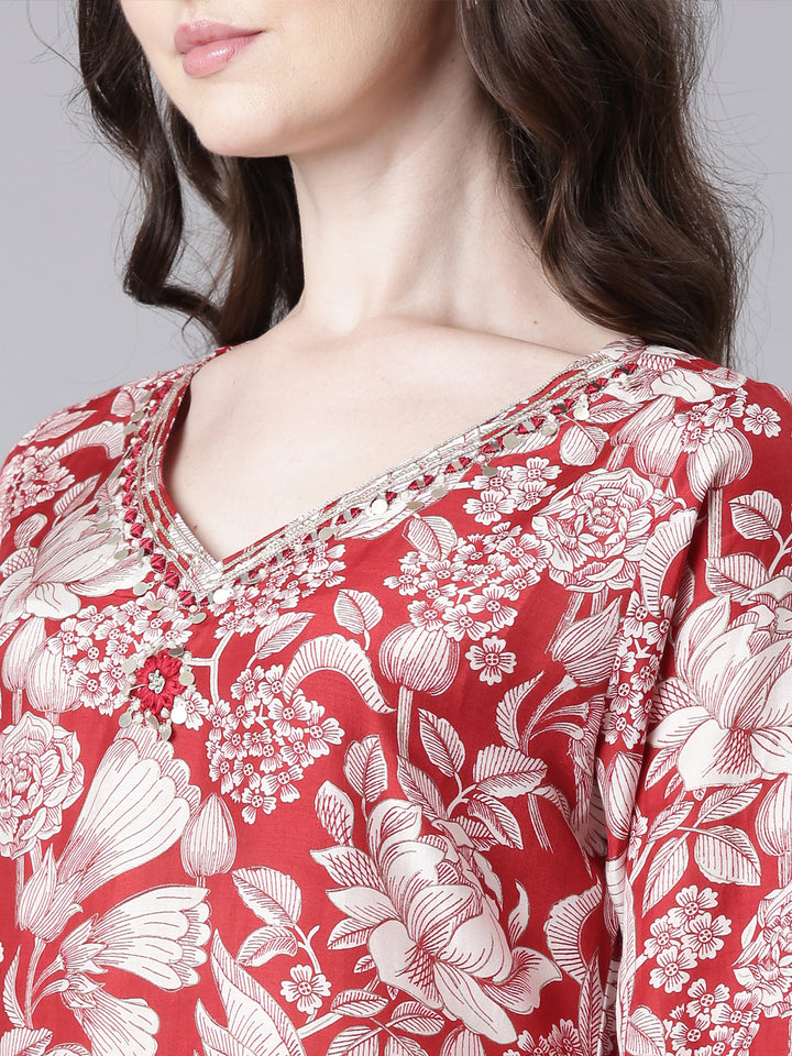 Neerus Maroon Printed Straight Kurta and Trousers With Dupatta