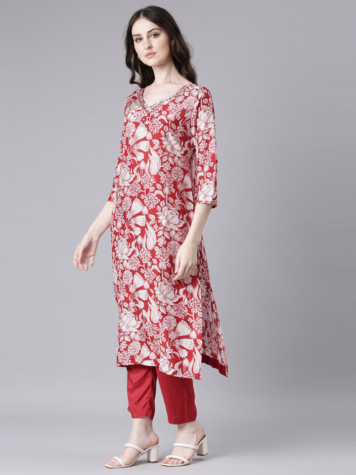 Neerus Maroon Printed Straight Kurta and Trousers With Dupatta
