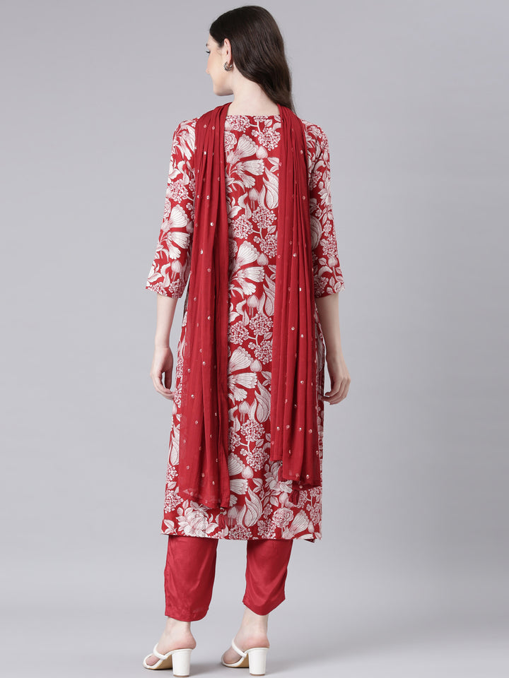Neerus Maroon Printed Straight Kurta and Trousers With Dupatta